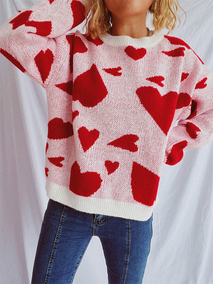 Heart Round Neck Long Sleeve Sweater