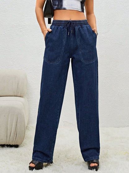 Drawstring Elastic Waist Jeans with Pockets