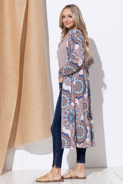 And The Why Printed Kimono Open Front Longline Cardigan