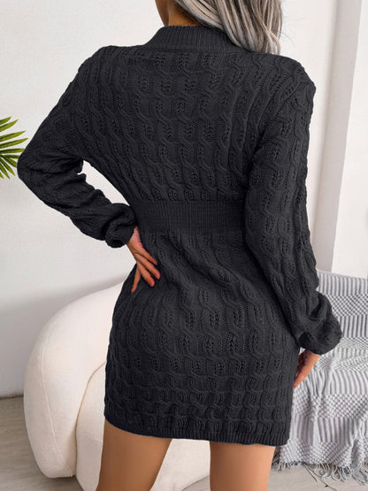 Cable-Knit Round Neck Mini Wrap Sweater Dress