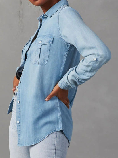 Collared Neck Roll-Tab Sleeve Denim Top