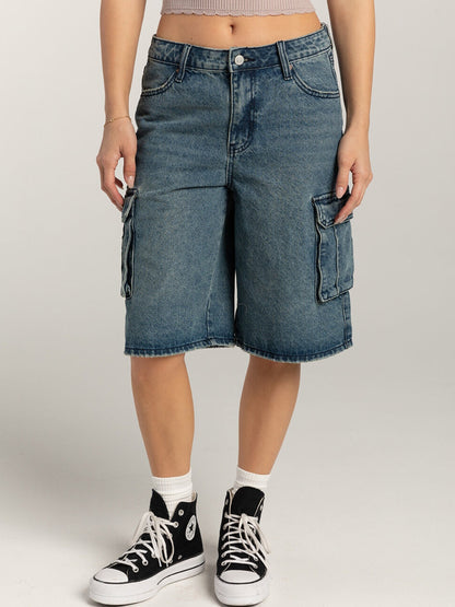 Mid-Rise Waist Denim Shorts with Pockets