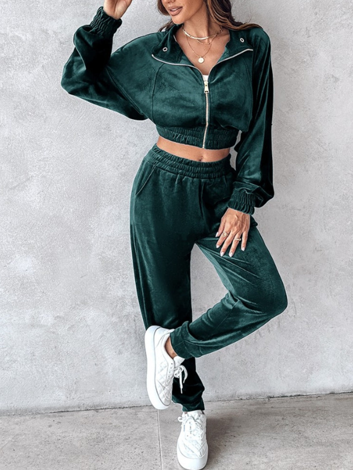 Zip Up Long Sleeve Cropped Top and Joggers Set