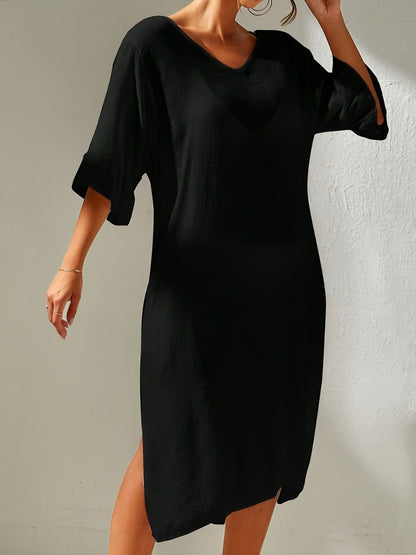 Slit V-Neck Flounce Sleeve Cover-Up