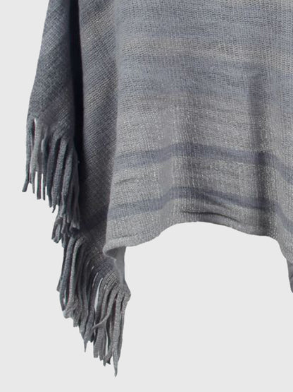 Striped Boat Neck Poncho with Fringes