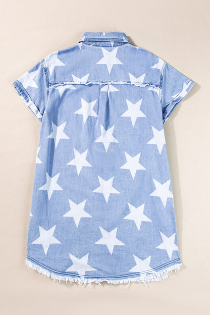 Raw Hem Star Short Sleeve Denim Dress