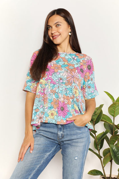 Double Take Floral Round Neck Babydoll Top