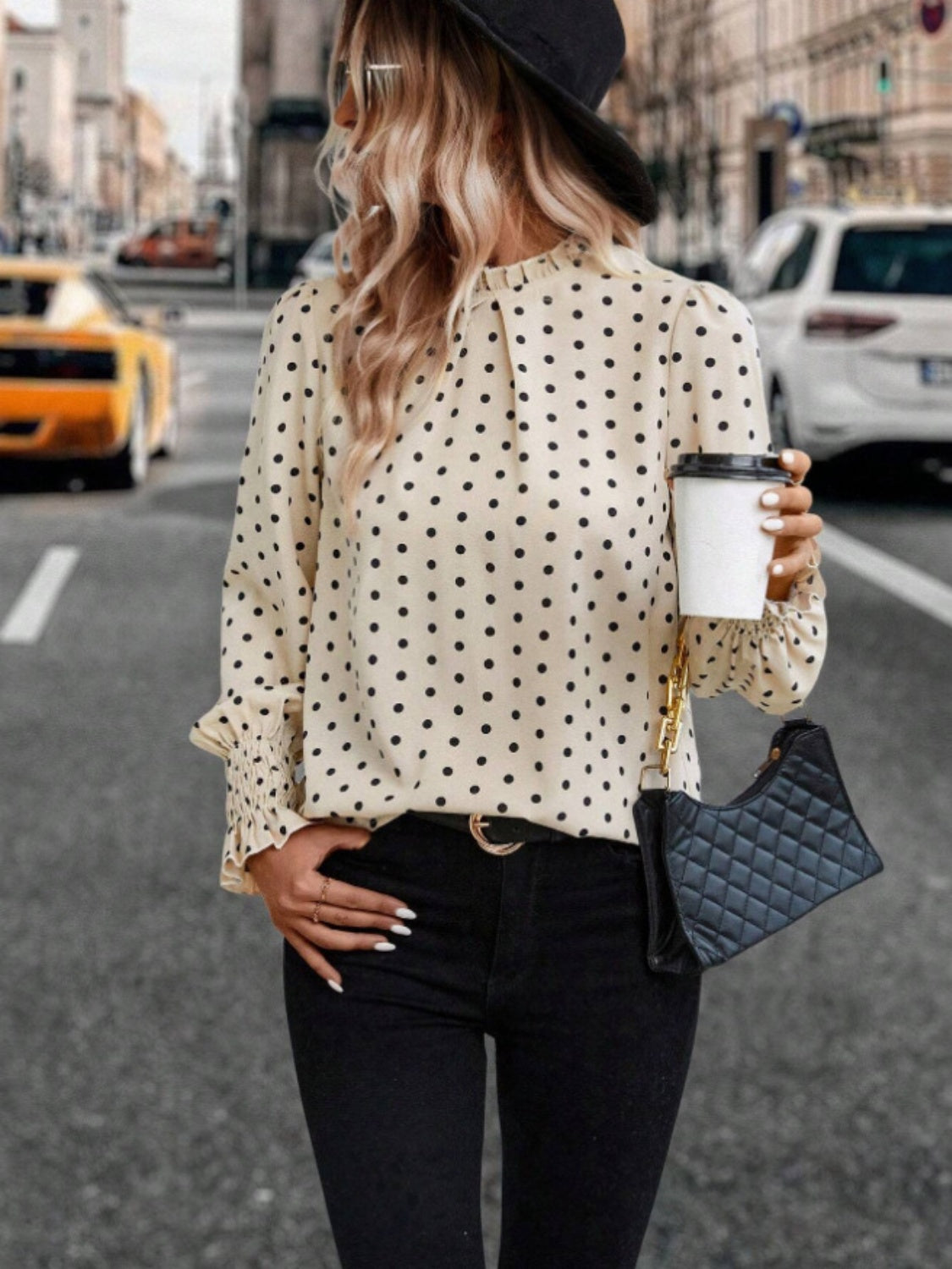 Polka Dot Mock Neck Long Sleeve Blouse