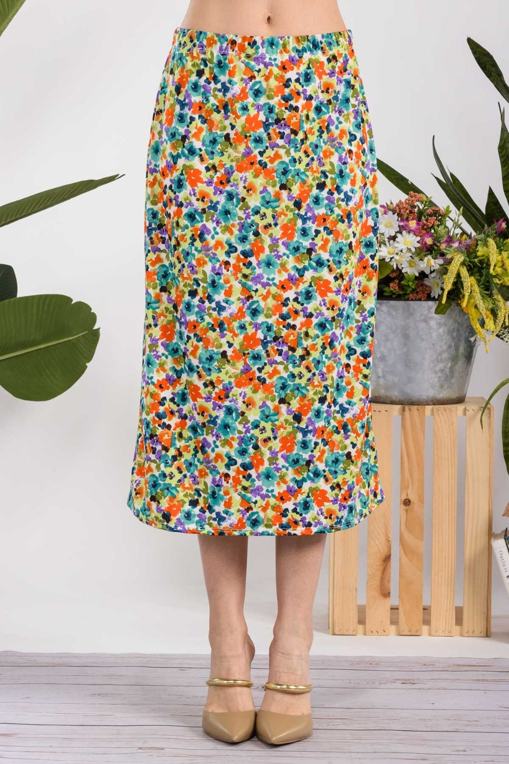 Celeste Full Size Floral A-Line Midi Skirt