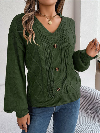 Cable-Knit Buttoned V-Neck Sweater