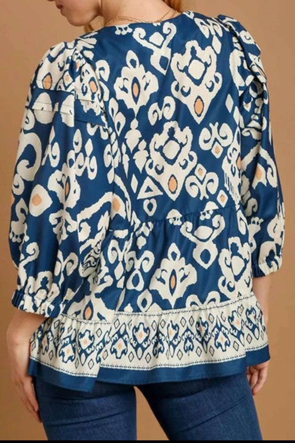 Printed V-Neck Three-Quarter Sleeve Blouse