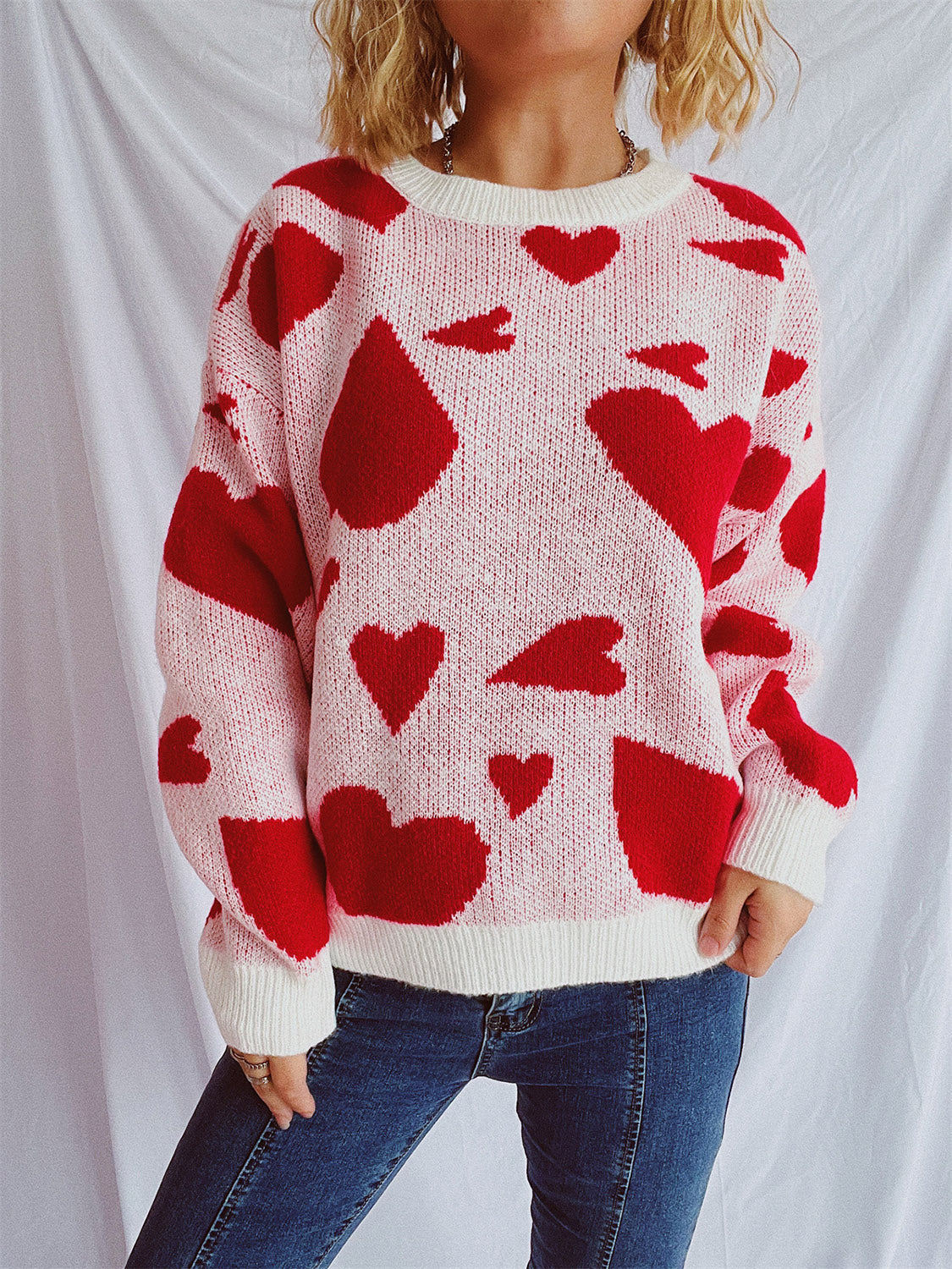 Heart Round Neck Long Sleeve Sweater