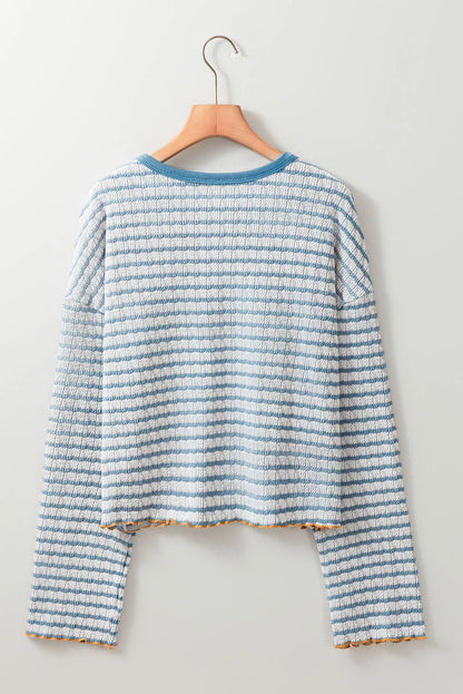 Striped Round Neck Dropped Shoulder Long Sleeve Top