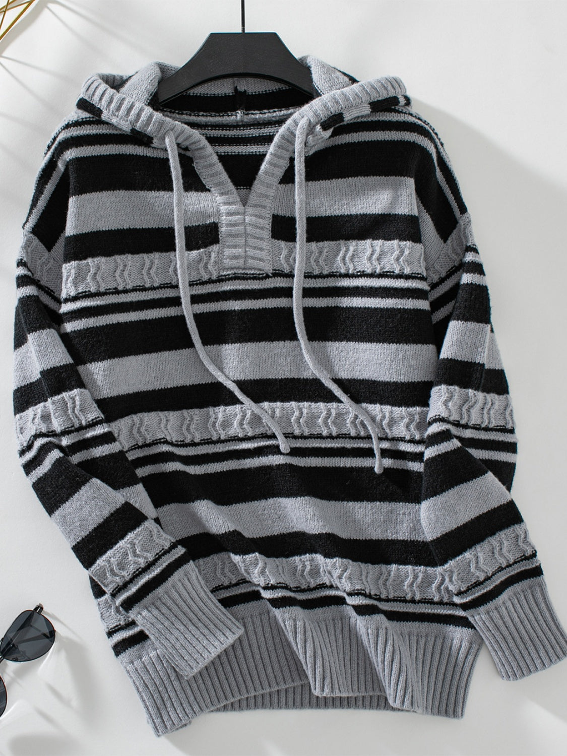 Drawstring Striped Long Sleeve Hooded Sweater