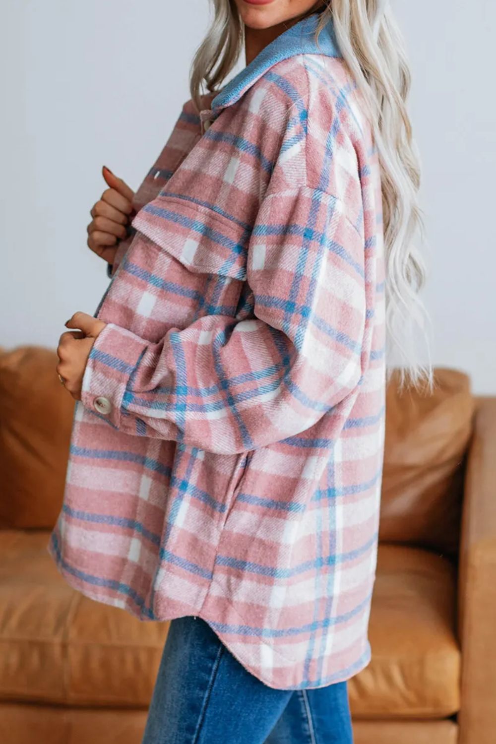 Plaid Collared Neck Long Sleeve Jacket