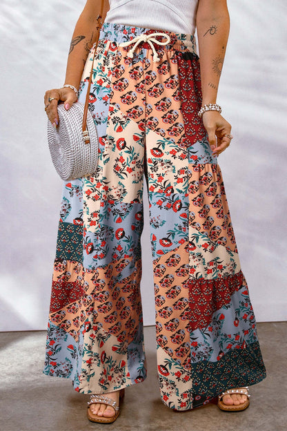 Full Size Drawstring Printed Wide Leg Pants