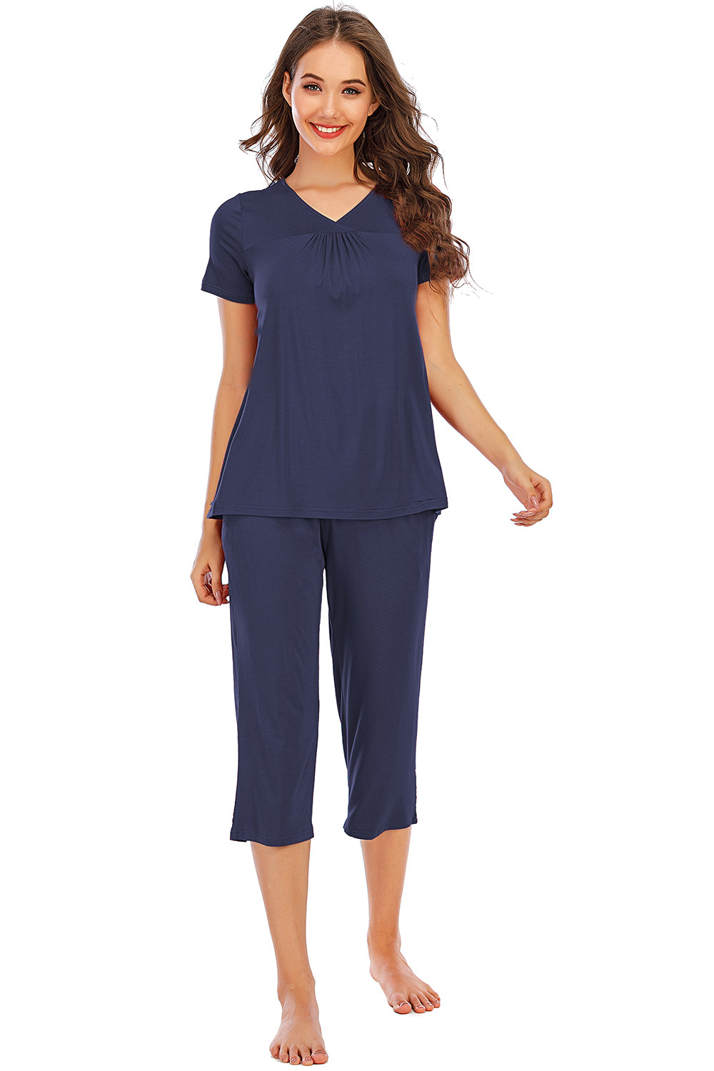 V-Neck Short Sleeve Top and Pants Lounge Set