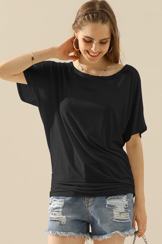 Ninexis Boat Neck Short Sleeve Ruched Side Top