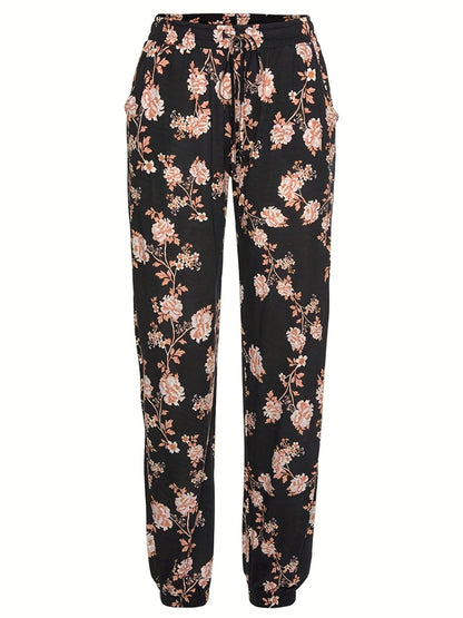 Drawstring Flower Pants with Pockets