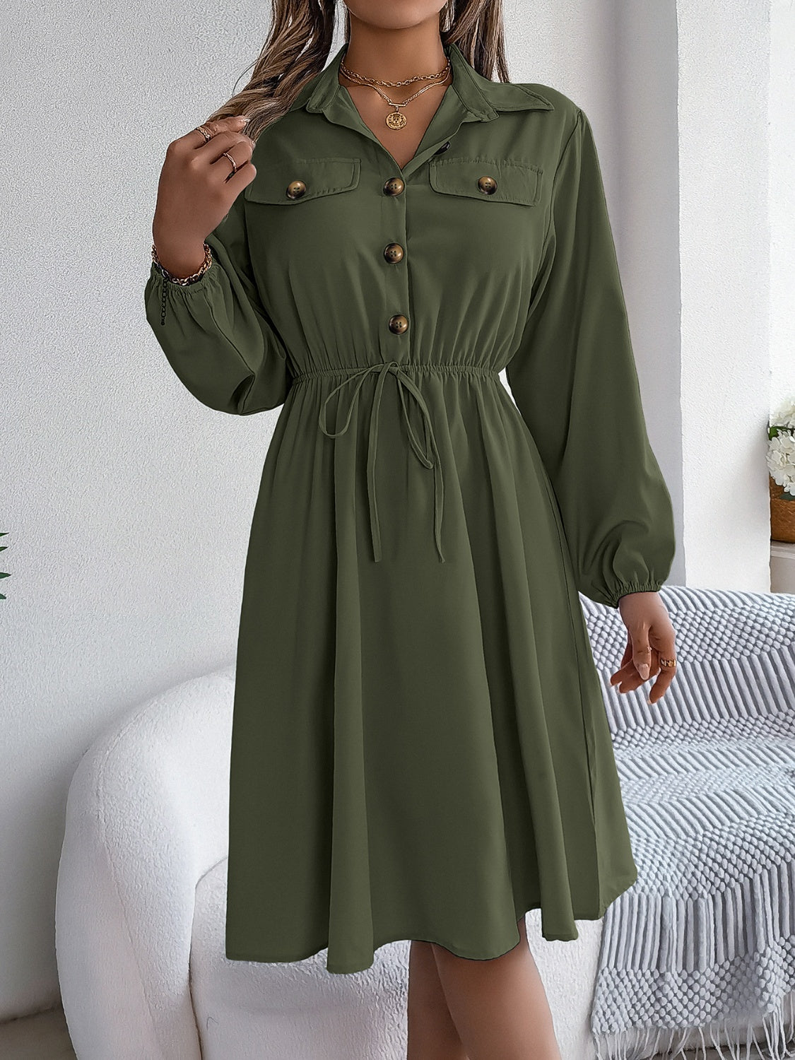 Collared Neck Long Sleeve Dress with Pockets