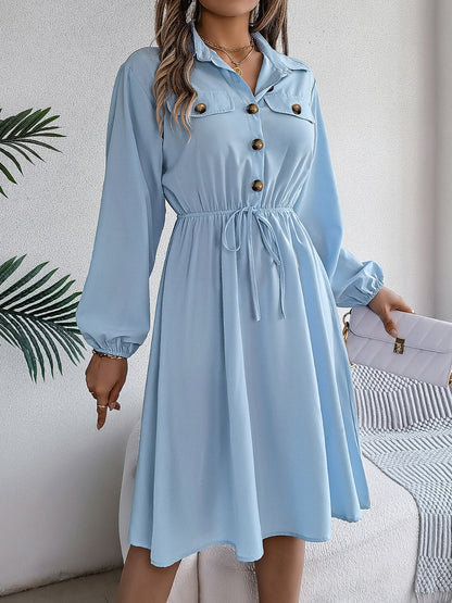 Collared Neck Long Sleeve Dress with Pockets