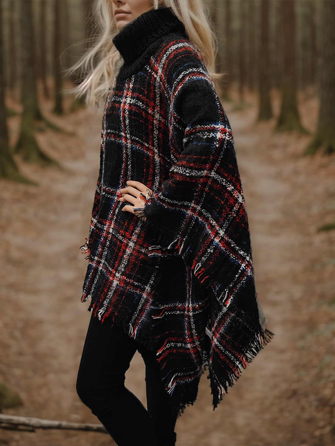 Shiny Turtleneck Plaid Raw Hem Sweater