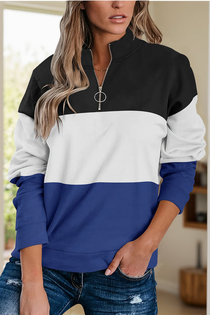 Full Size Color Block Quarter Zip Long Sleeve Sweatshirt