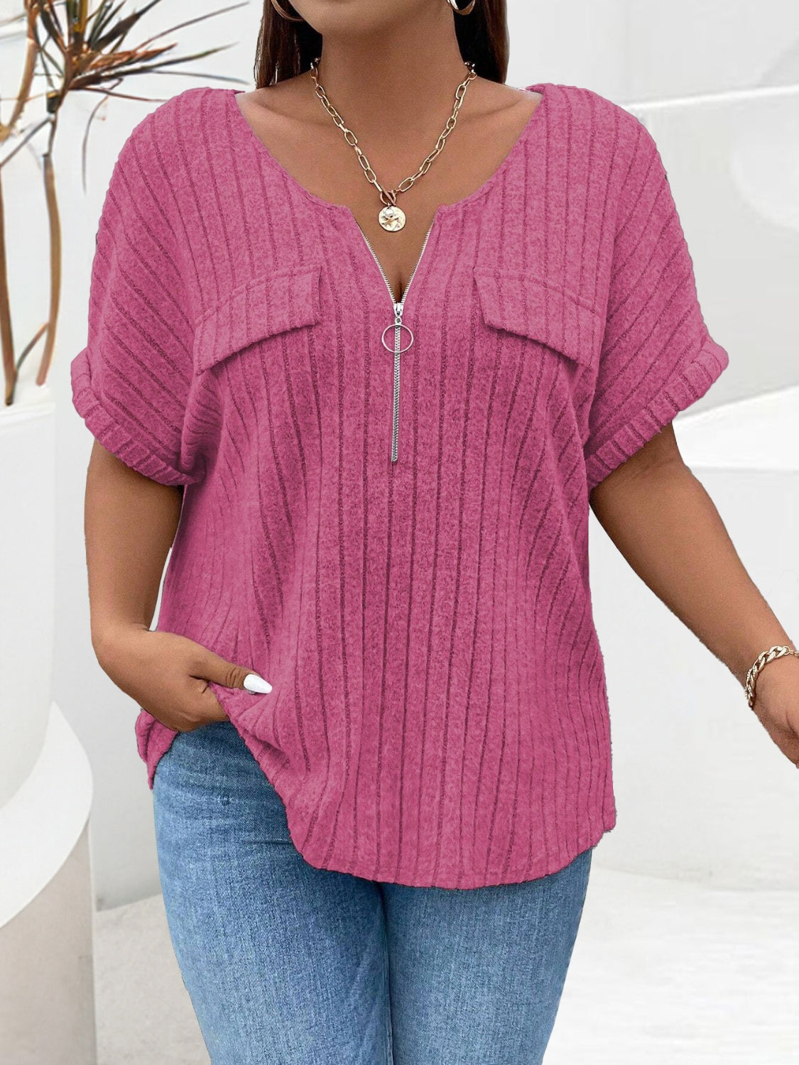 Plus Size Half Zip Short Sleeve T-Shirt