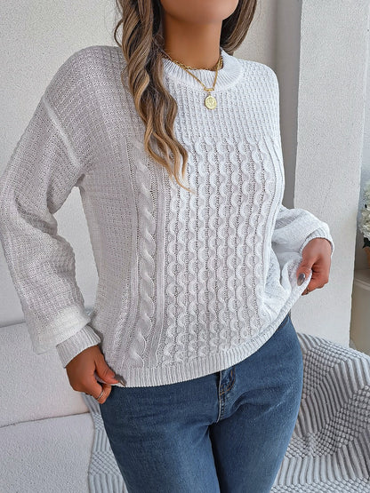 Cable-Knit Round Neck Long Sleeve Sweater