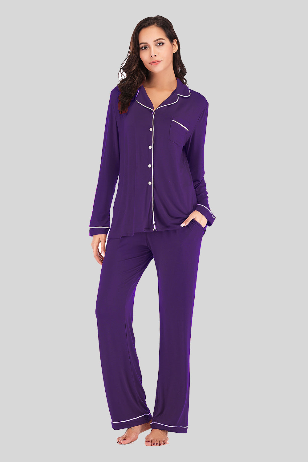 Collared Neck Long Sleeve Loungewear Set with Pockets