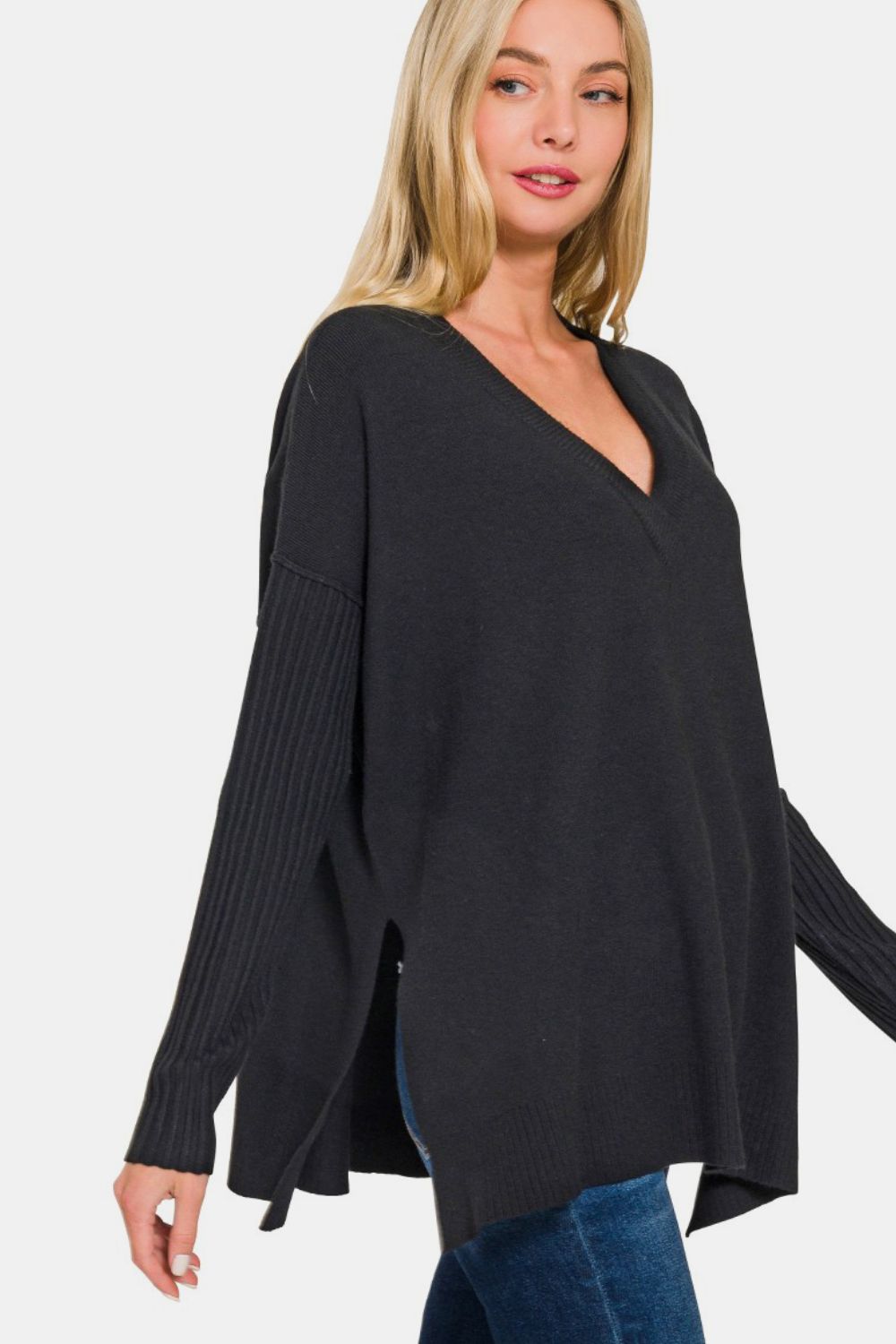 Zenana V-Neck Side Slit High-Low Sweater