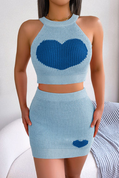 Heart Contrast Ribbed Sleeveless Knit Top and Skirt Set